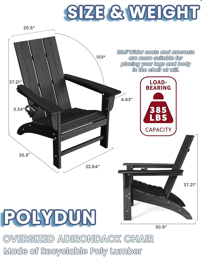 Modern Adirondack Chair with Cup Holder, HDPE Plastic Patio Chairs for All Weather, Fire Pit Chair, Outdoor Lawn Chairs for Deck, Porch, Backyard, Garden, Black