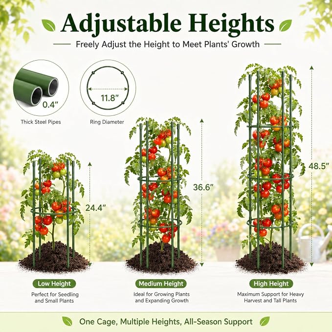 6 Pack Tomato Cages for Garden, 49" Adjustable Heavy Duty Round Tomato Cage, Metal Plant Support & Tomato Trellis for Raised Garden Bed, Pots, Vegetable & Climbing Plant Support Stakes (6)