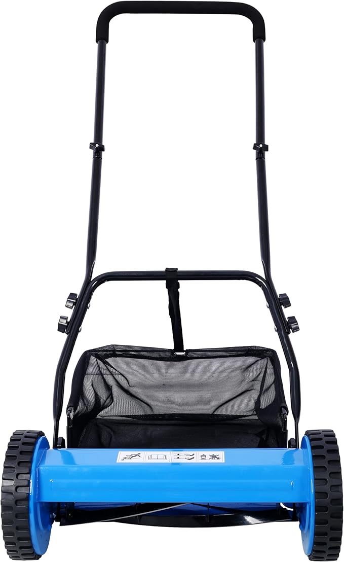 KEIKI 14-Inch Manual Lawn Mower, Push Reel Mowers w/Grass Catcher & Adjustable Cutting Height, 2-Wheels Small Lawnmower with 5 Steel Blades for Graden, Spaces Saving & Easy Assembly, Blue