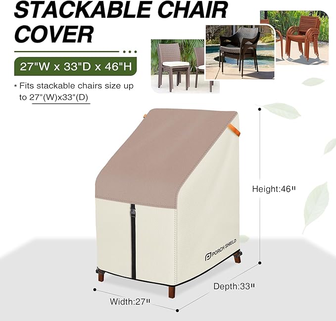 Porch Shield Patio Stackable Chair Covers - Waterproof Outdoor Stack of Chair Cover 2 Pack - 27W x 33D x 46H inch, Light Tan & Khaki
