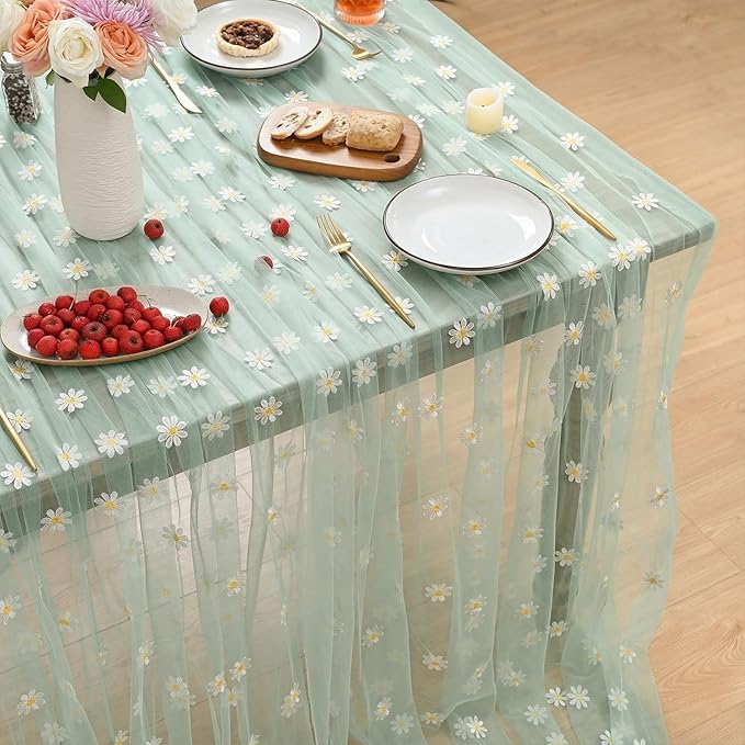 Horaldaily Green Embroidery Daisy Spring Summer Gauze Tablecloth 60×104 Inch Rectangular, Seasonal Tulle Table Cover, Garden Party Decorations for Wedding, Party, Holiday Dining