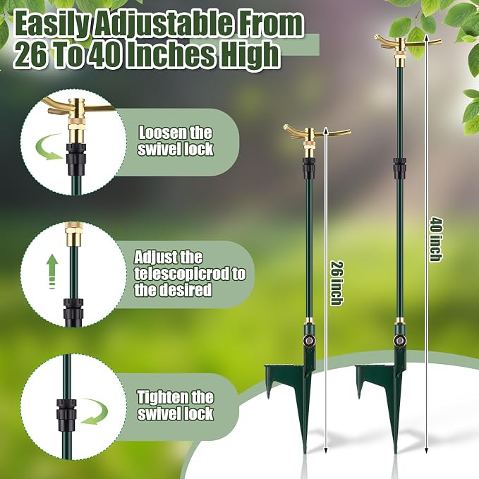 Funnymoom 4 Pack 3-arm Rotating Telescoping Sprinkler 360 Degree Swivel Garden Sprinkler High Rise Lawn with Step Base up to 41.7 Inches for Large Area Coverage (Green)