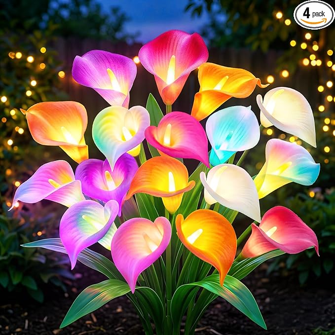 KOOPER Solar Lights Outdoor Decorative, 4 Pack Color Changing Solar Garden Lights With 20 Calla Lily Flower Lights, Solar Flowers Outdoor Waterproof IP65 For Yard Lawn Garden Decor, Gift For Women Mom