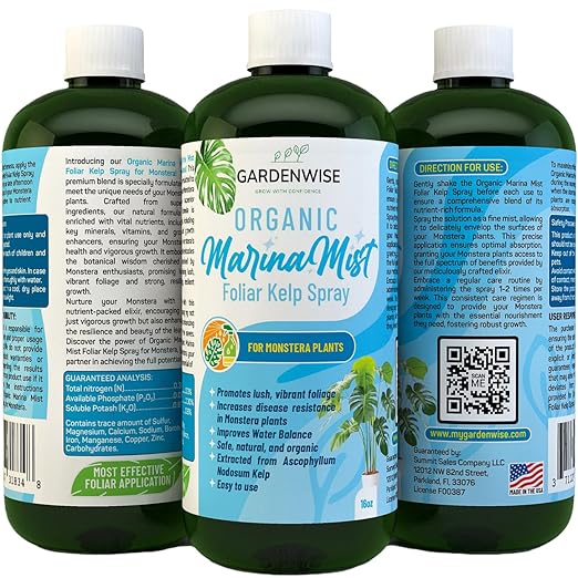 GARDENWISE Organic Marina Mist Foliar Spray for Monstera, Philodendron, Elephant’s Ear and Other Tropical Houseplant | Liquid Fertilizer | Micro Nutrients for Vital Health | Liquid Plant Food (16 OZ)