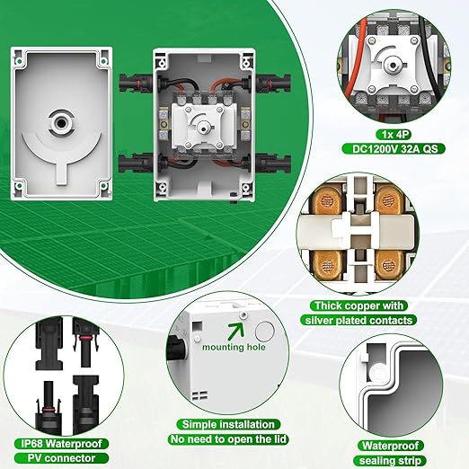 Solar Disconnect Switch 2 Strings 32A DC1500V 2in 2out Rapid Shutoff Isolator Switch with Plug & Play Connector and IP66 Outdoor Waterproof for Rooftop Solar Systems, RVs and Boats