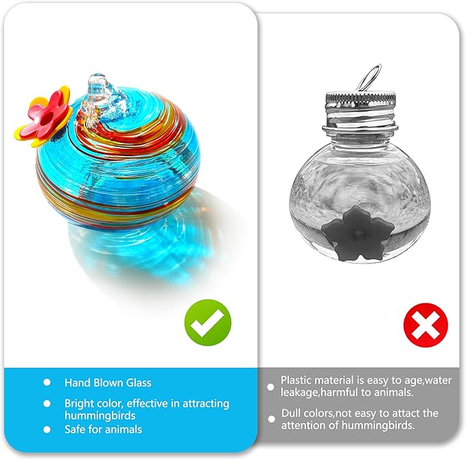2 Pcs Blown Glass Hummingbird Feeder for Outdoors Hanging, Ant & Bee Resistant Window Bird FeederHandmade Garden Decor Gift for Women - Small Round Glass Feeders Bundle (Ellipse B2)