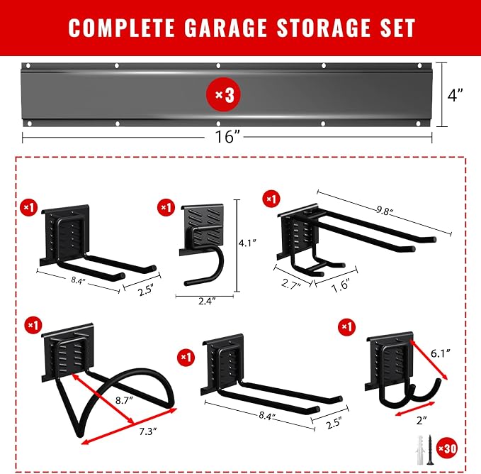 Garage Tool Organizer Wall Mount, Easy to 48 inch Install Heavy-Duty Garage Storage System with 6 Adjustable Hooks, Garden Tool Rack for Shovels, Rakes, Yard Tools (Combo 3)