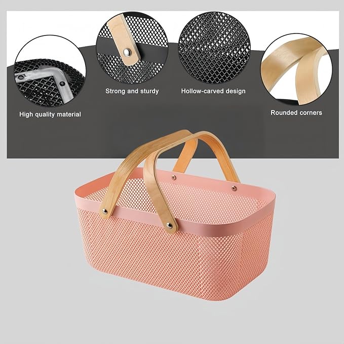 3pcs Collapsible Wooden Handle Plastic Harvest Basket - Rectangular Garden Storage Basket for Picking and Collecting Vegetables, Fruits - Ideal for Garden Cabinets & Outdoor Use (Pink)