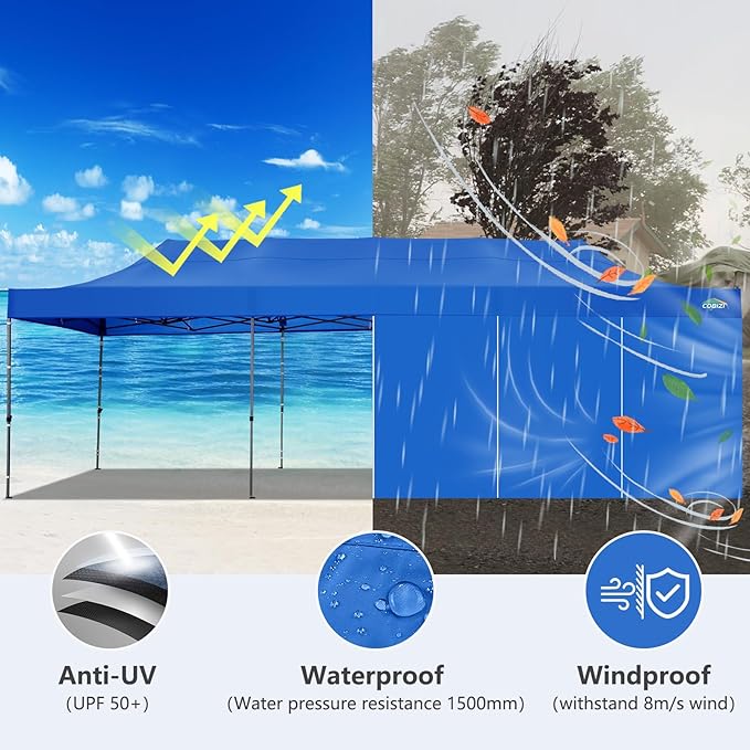 COBIZI 10x30 Pop up Carport 10x30 Canopy Tent with Sidewalls, Heavy Duty Party Tent Tents for Parties, Foldable UPF 50+ Waterproof Commercial Easy up Canopy with Wheeled Bag, Blue