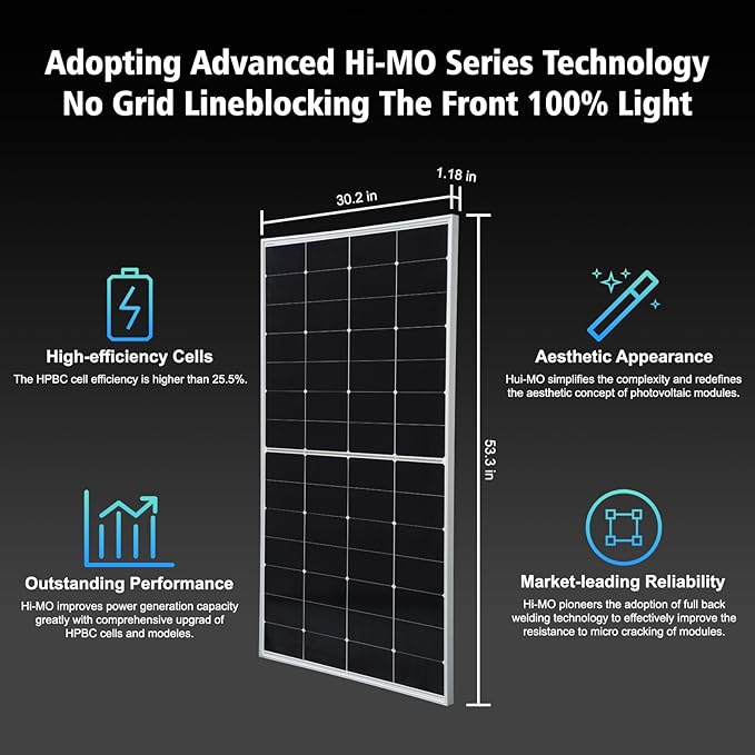 200 Watt Solar Panel, HPBC 225w Solar Panels, 25.5% High-Efficiency Solar Cell rv Solar Panels IP68 Rate for Home Off-Grid System Roof RV Boat Marine Trailer Farm(HPBC 225w)