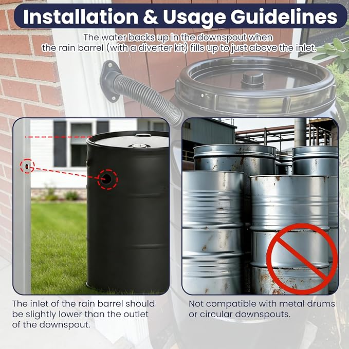 Rain Barrel Diverter Kit for Rectangular Downspouts, 1 Set | Gutter Harvesting System, No-Dismantle Installation, Turn Plastic Tubs to Barrels, Eco-Friendly Clean Water, Universal