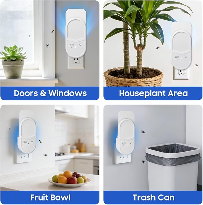 Fruit Fly Traps for Indoors, Plug in Fly Trap Indoor, 900 Sq Ft Protection Area, 6 Color Light Indoor House Bug Catcher with RC for Flying Insects Gnats Fruit Flies (1 Device+6 Refills)