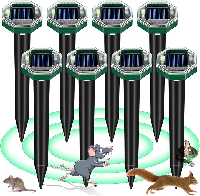 2026 Solar Mole Repellent for Lawns,Gopher Vole Repellent Ultrasonic Outdoor Mole Stakes Spike Deterrent for Yard, Solar Rodent Repeller for Moles Gophers Groundhogs Snakes Burrowing Animals, 8 Pack