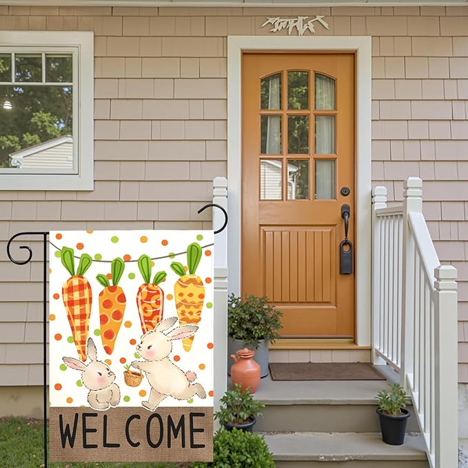 Easter Garden Flag 12 x18 Inch Double Sided Welcome Bunny Carrot Spring Yard Flag Outdoor Farmhouse Porch Decor Cute Rabbit Pattern Seasonal Easter Banners for Garden Lawn Patio Yard Home