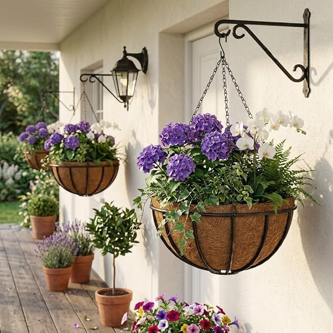 14 Inch Metal Hanging Basket with Coco Coir Liner for Flowers Planting, 2 Pack Hanging Baskets for Plants Outdoor, Round Wire Twisted Planters with Chain for Home Patio Porch Balcony Garden Decor