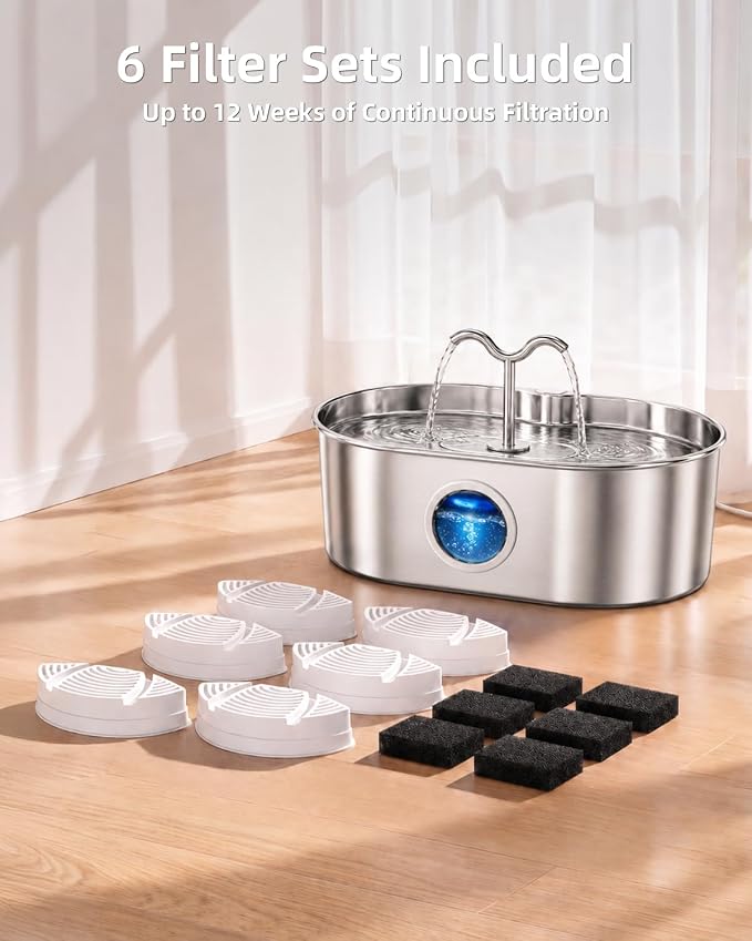 Dog Water Fountain, 270 oz / 2 Gallon / 8 L Stainless Steel Water Fountain for Indoor Multi-Pet Homes, Automatic Water Dispenser for Dogs & Cats, 6 Filters & Sponges Included