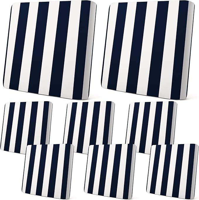 Newwiee 8pcs Patio Stretch Cushion Covers Stripe Outdoor Cushion Covers Replacement Patio Furniture Couch Slipcover Sofa Chair Seat, Thin Fabric Breathable Soft Flexibility Protector(Navy Blue)