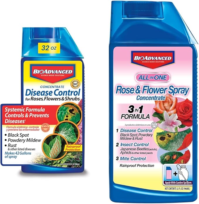BioAdvanced Disease Control for Roses, Flowers and Shrubs, Concentrate, 32 oz with BioAdvanced All-in-One Rose and Flower Spray, Concentrate, 32 oz