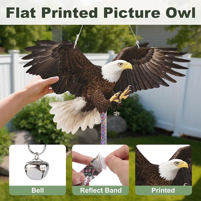 3 Pcs Flat Fake Eagle to Scare Pigeon Woodpecker Away, Hanging Plastic Flat Fake Eagle with Reflective Tape to Scare Animals Away from Contryard Patio Yard Porch Balcony Windows Orchard Farm