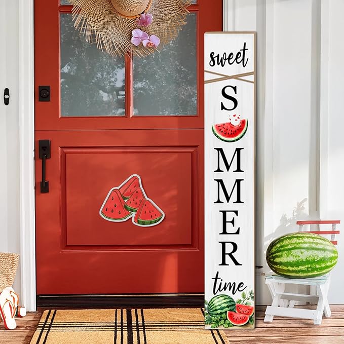 Summer Watermelon Porch Sign Sweet Summer Time Welcome Sign For Front Porch, Cute Fruit Home Decor Welcome Sign for Indoor Outdoor Garden Wooden Vertical Sign For Patio Front Door Wall Yard