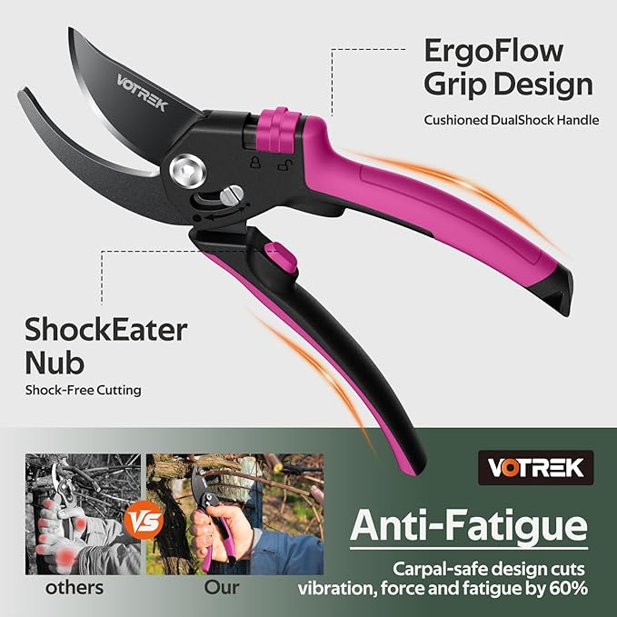 VOTREK® Pruning Shears for Gardening, [Patented Stepless Handle Opening] - Garden Scissors with Ultra-Sharp SK5 Steel for Weak Hand, Fit for All Hand Sizes, Bonsai Scissor Cuts 1-Inch Branches