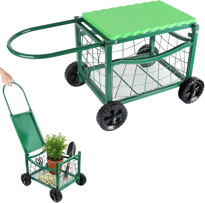 Garden Rolling Work Seat with Wheels | Padded Foam Cushion, Hold Max. 350Lbs