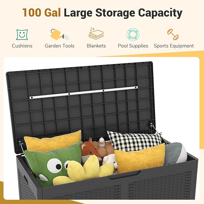 Moccha 100-Gallon Outdoor Storage Box - Waterproof Resin Deck Box with Lockable Lid & Wheels, Faux Rattan Outdoor Storage Bench for Pool Accessories, Garden Tool, Patio Furniture Cushion (Grey)