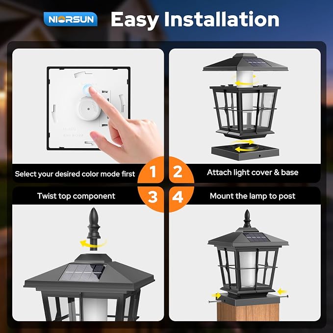 NIORSUN Solar Post Lights Outdoor, Fence Post Solar Lights with Flickering Flame Light, Waterproof, Garden Patio Fence Deck Decor, 4x4 Posts Caps, 4x4, 5x5 Wooden & Vinyl (2 Pack, Black)