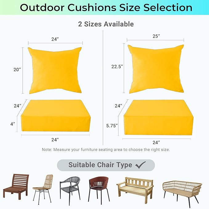 IPYNBAP Outdoor Cushions for Patio Furniture,Outdoor Seat Cushion Set 24 x 24 x 5.75 Inch,Waterproof & Fade Resistant Outdoor Chair Cushions,Deep Patio Chair Cushion with Removable Cover,Yellow