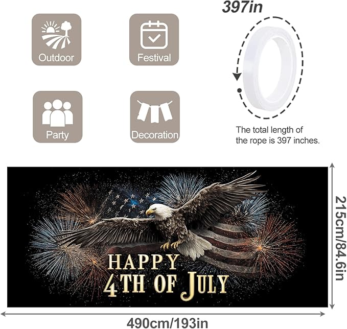 7 * 16FT Eagle Flag Happy 4th of July Garage Door Cover Decorations Independence Day Garage Door Banner for Outdoor Indoor Patriot Party Photography Backdrop