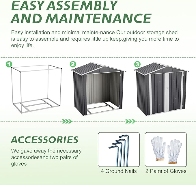 KEIKI Storage Shed 6x4 FT, Small Metal Tool Shed for Outdoor Storage, Galvanized Steel Garden Shed with Lockable Doors for Patio, Backyard, Lawn, Dark Grey