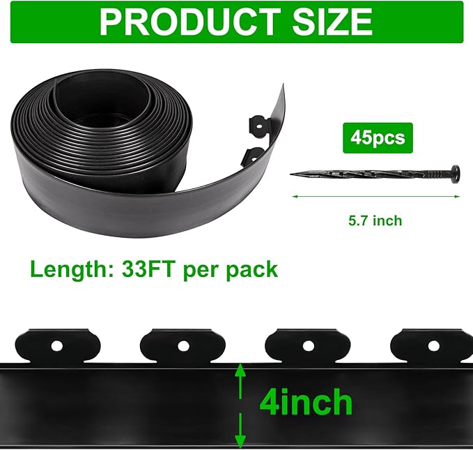JERIA 4 Inch Tall 33 FT Garden Edging Kit with 45pcs Spikes, Plastic Edging for Landscaping