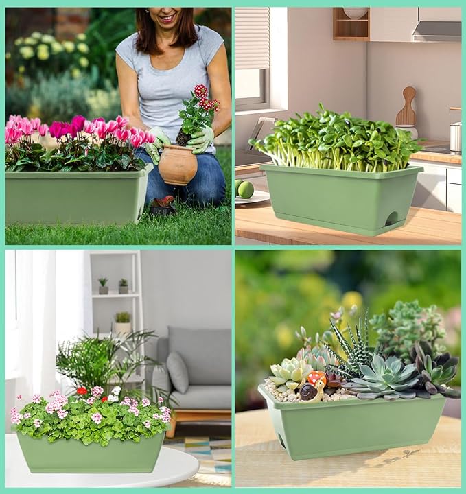 LOCONHA Window Box Planter, 7 Pack Plastic Vegetable Flower Planters Boxes 17 Inches Rectangular Flower Pots with Saucers for Indoor Outdoor Garden, Patio, Home Decor