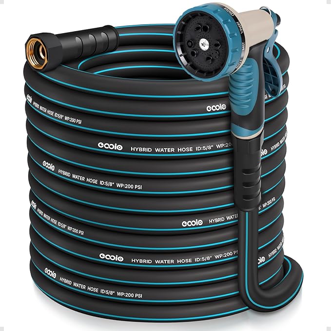 Heavy Duty Garden Hose 100 ft, NON-EXPANDABLE Water Hose with 10 Function Spray Nozzle, Lightweight Kink-less Hybrid Hose with Swivel Handle, Male to Female Fittings
