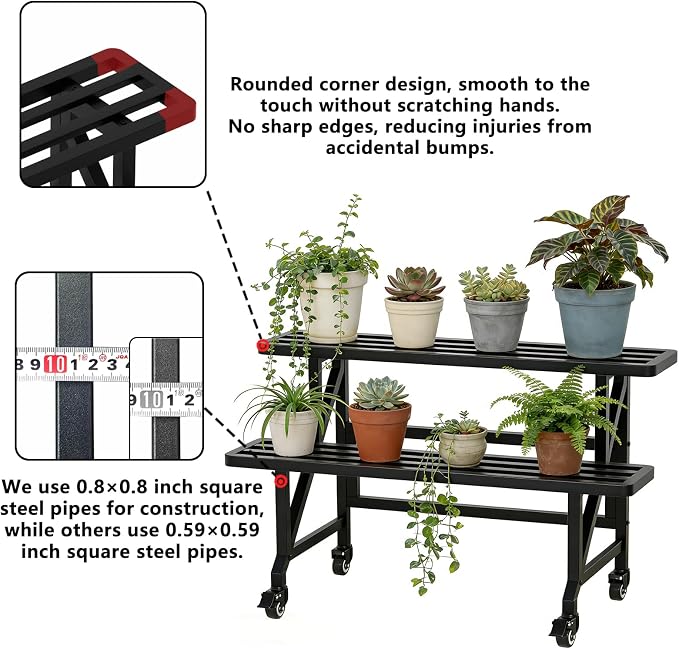 Metal Plant Stand with Wheels, 35.43" Wide Indoor Outdoor Flower Pot Rack, Black, 230 lb Capacity for Patio, Balcony, Living Room (2-Tier)