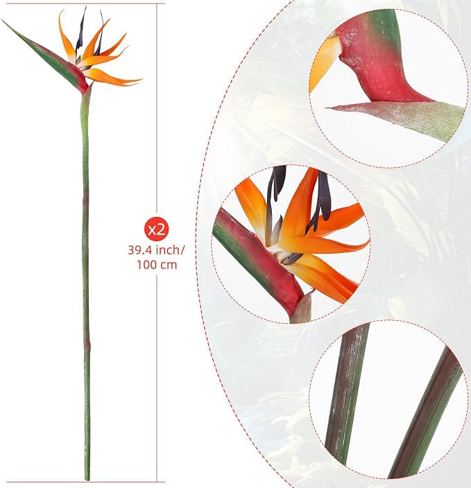 2 Pcs 39.4inch Artificial Birds of Paradise Plant Faux Birds of Paradise Stems Fake Tropical Plants Long Stem for Wedding Home Party Hotel Table Centerpiece Indoor Outdoor Vases Decor (Orange)