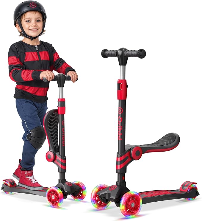Black and Red 3 Wheel Scooter with Seat for Kids, Light-Up Wheels, Adjustable Lean to Steer Handlebar and Seat, Smooth Wheels, Wide No-Slip Deck, Rear Foot Brake, Toddler Outdoor Toys for Ages 2+