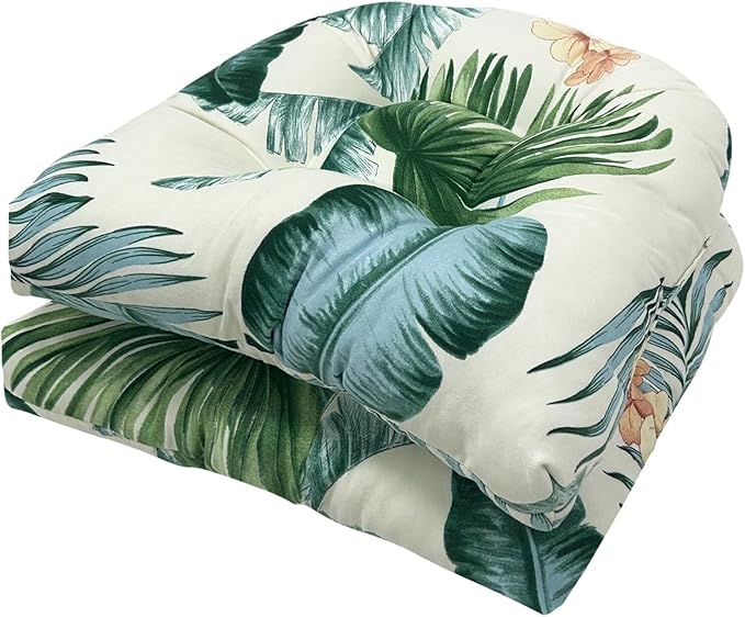 18 x 18 U Shaped Wicker Seat Cushions Set Patio Seat Pad Floral Rocking Chair Cushion for Indoor Outdoor Chair Use White Green, Set of 2