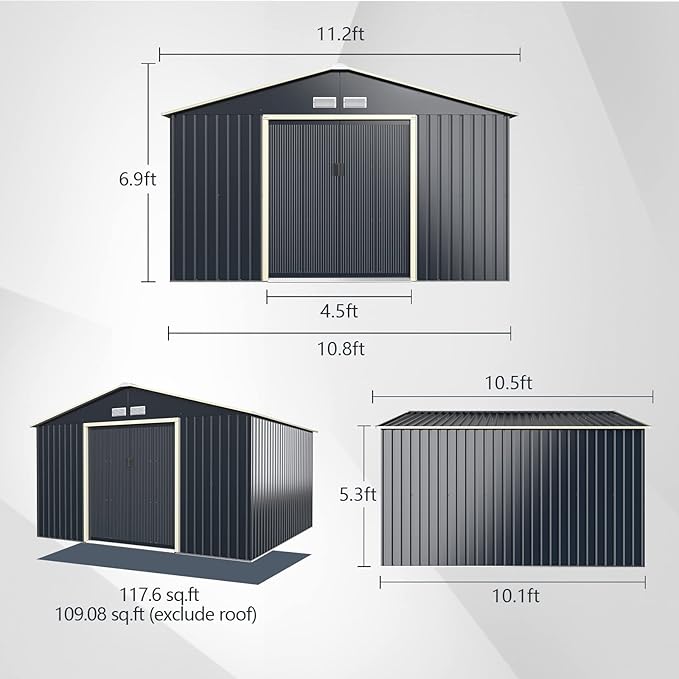 Goplus Outdoor Storage Shed, 11' X 10' Metal Garden Shed with 4 Vents & Double Sliding Door, Utility Tool Shed Storage House for Backyard, Patio, Lawn