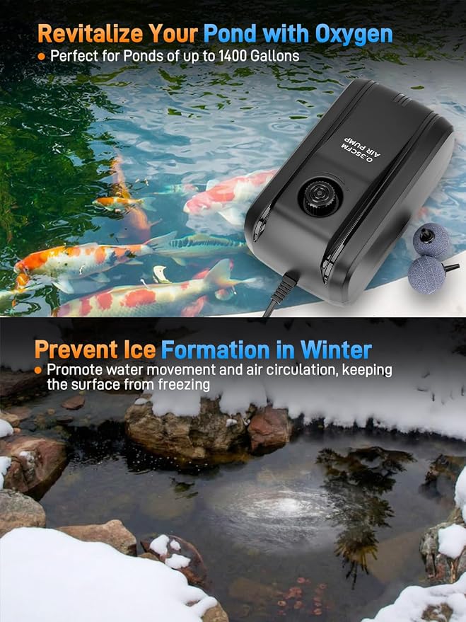 Pond Aerator 2 Outlets Air Pump Pond Aeration Kit with 30Ft Airline Tubings, 2 Check Valves & Air Stones, 5W Complete Pond Air Pumps for Small Fish Ponds up to 1400 Gallons and 4 Feet Deep