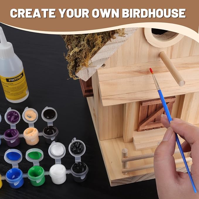 Bird Houses for Outside – Bird House Kits, DIY for Adults & Kids, 1.5" Entrance, Premium Pine, Moss Roof, Bark Siding, Side-Opening Door, Easy Clean,Family Craft for Garden,Backyard or Patio
