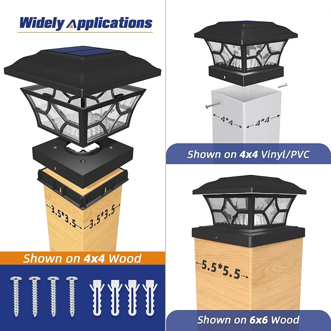 APONUO 4x4 Solar Post Cap Lights 16 Pack - 6x6 Post Cap Solar Light, 2-Mode, IP64 Waterproof, Post Lights Solar Powered for 4x4 5x5 6x6 Wood/Vinyl Posts, Black