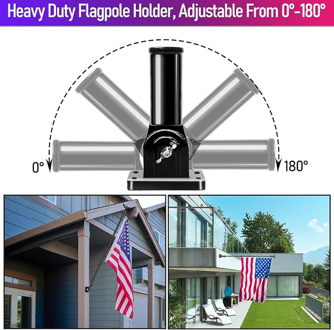 LETSTRY 6FT Flagpole Kit for House with Solar Light and Adjustable Bracket, 1' Thickened Stainless Steel Outside Wall Mount Flagpole for 3x5' American Flag, for Residential, Outdoor or Porch, Black