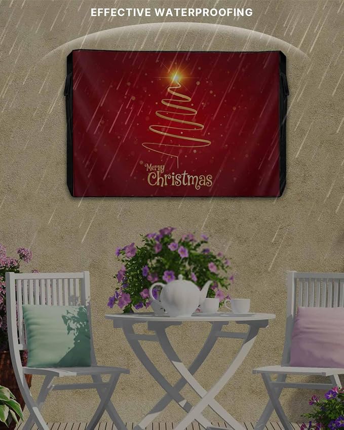Outdoor TV Cover for Outside Flat Screen,Gold Stripe Merry Christmas Text,600D Thick Waterproof Weatherproof Outdoor TV Screen Protector with Zipper for 40 to 43 Inch Flat Screens