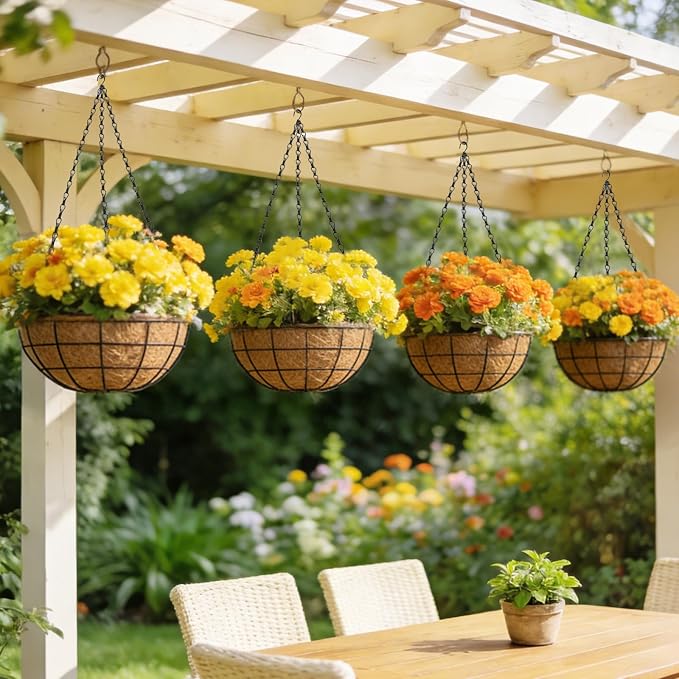 18 Inch Hanging Baskets for Plants Outdoor, 4 Pack Large Hanging Planters for Outdoor Plants, Round Wire Hanging Flower Pots with Coconut Coir Liners for Garden, Deck, Porch, Balcony