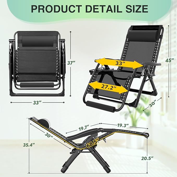 Suteck Oversized Zero Gravity Chair,33In XXL Lounge Chair w/Removable Cushion&Headrest, Reclining Camping Chair w/Upgraded Lock and Footrest, Reclining Patio Chairs Recliner for Indoor Outdoor,500LBS