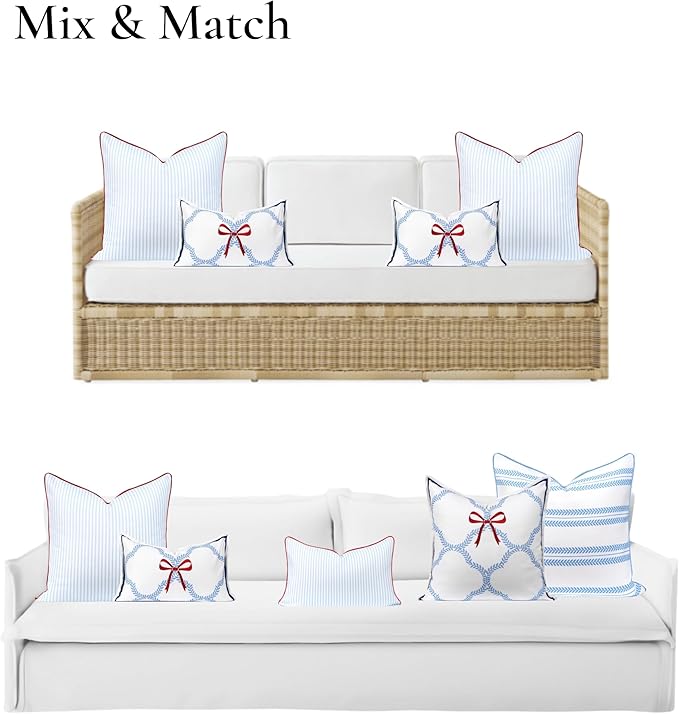 Hofdeco Premium Coastal Hampton Patio Indoor Outdoor Lumbar Pillow Cover Only, 12"x20" Water Repellent for Backyard, Couch, Poolside, Azure Blue Red Embroidered Ribbon Bow Tie on Leaves