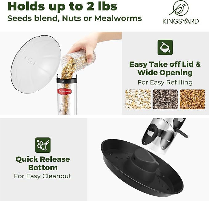 Kingsyard Metal Bird Feeders for Outdoors Hanging, Wild Bird Feeder with Large 11.5" Protective Dome and 8" Removable Tray, 3 lb Seeds Capacity (Black)