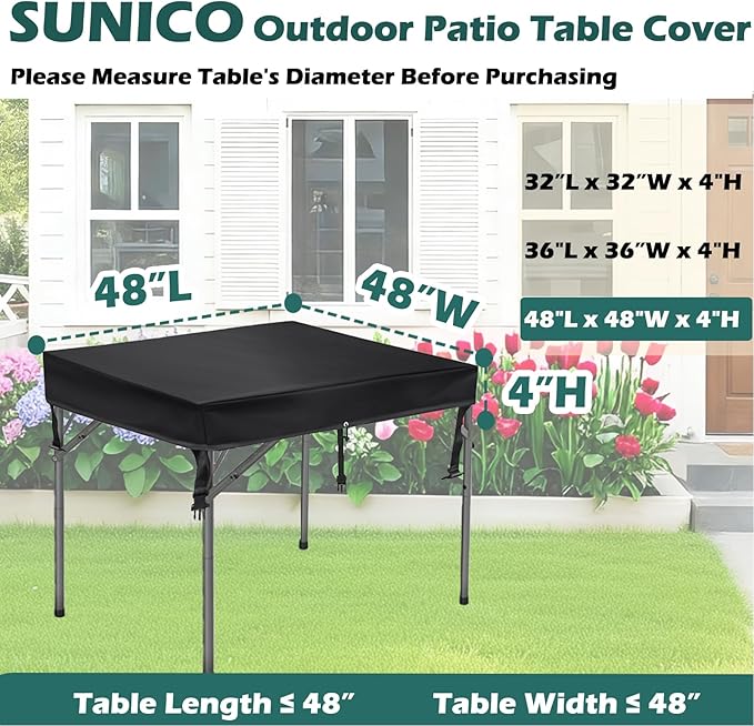 SUNICO Outdoor Table Cover Square(48" L x 48" W x 6" H), Patio Table Cover Square for Patio Table & Dining Table & Picnic Table.Windproof, Waterproof, Stain-Resistant, Durable Table Cover