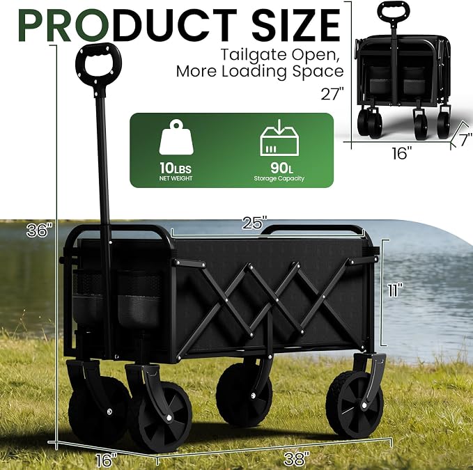 Foldable Wagon, Collapsible Wagon with Wheels, Small Wagons Cart with Flexible Handle, Portable Grocery Utility Wagons for Camping, Garden, Sports, Black